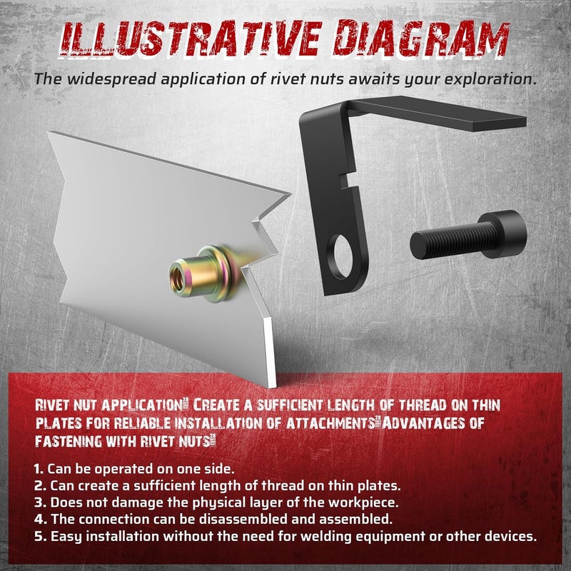 CORWIN Store 16" Rivet Nut Gun with Stroke Adjustment - 19mandrels: 15 Metric and SAE Mandrels (M3-M12 & to 1/2") + 4 Pieces #10-24 Mandrels - 200 Threaded Nuts (100 Each) in Storage Boxes - Image 2